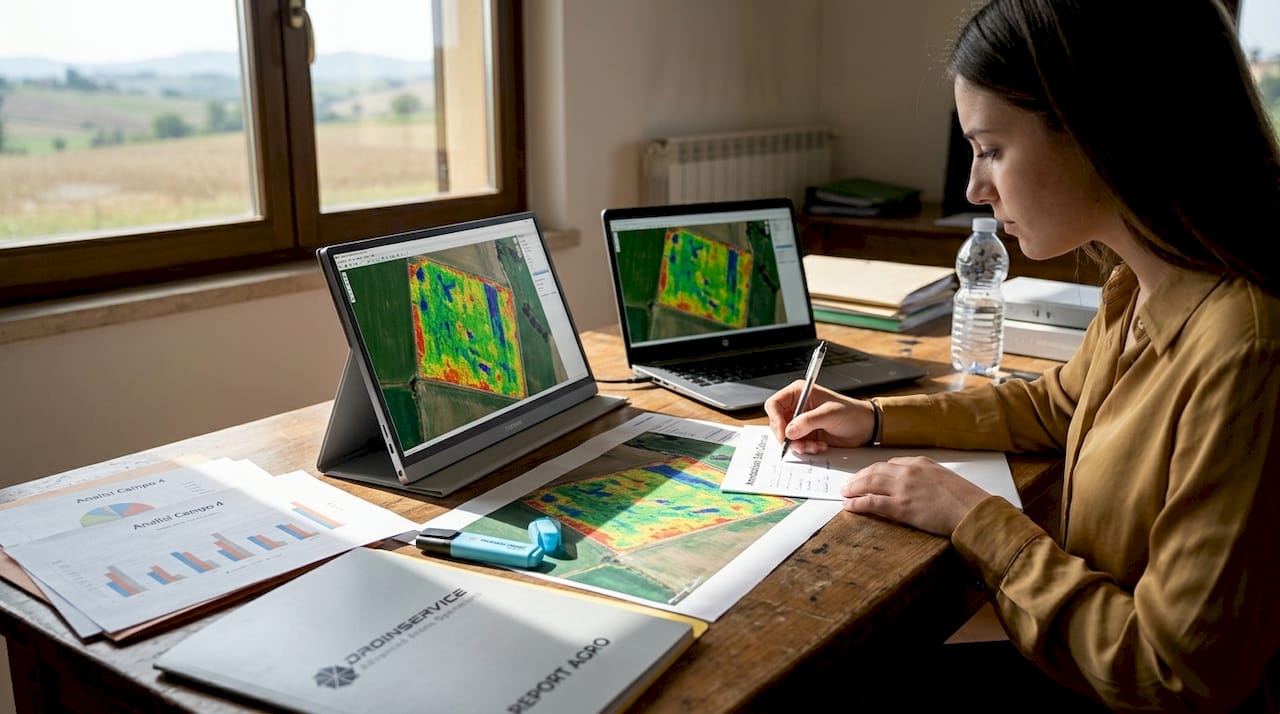 Un’agronoma esamina una mappa multispettrale direttamente dalla sua scrivania in ufficio.