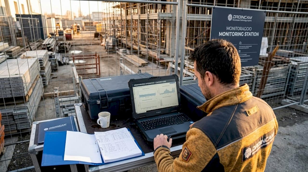 Un tecnico si occupa della verifica del sistema di monitoraggio automatico del cantiere.