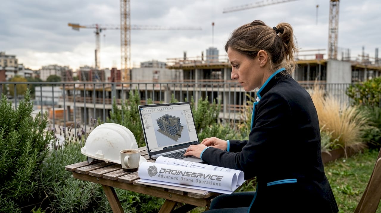 Un ingegnere al lavoro in cantiere consulta il modello BIM direttamente dal suo portatile.