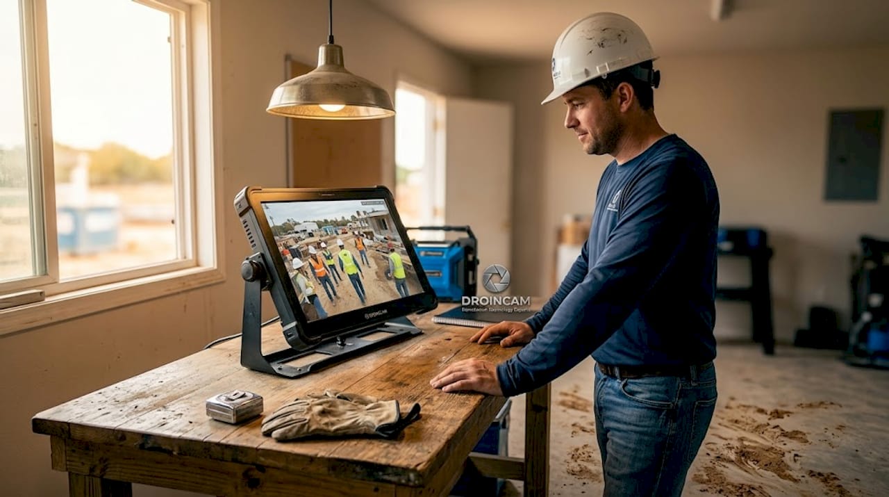 Un tecnico verifica dal monitor che i dispositivi di protezione individuale siano correttamente indossati in cantiere.
