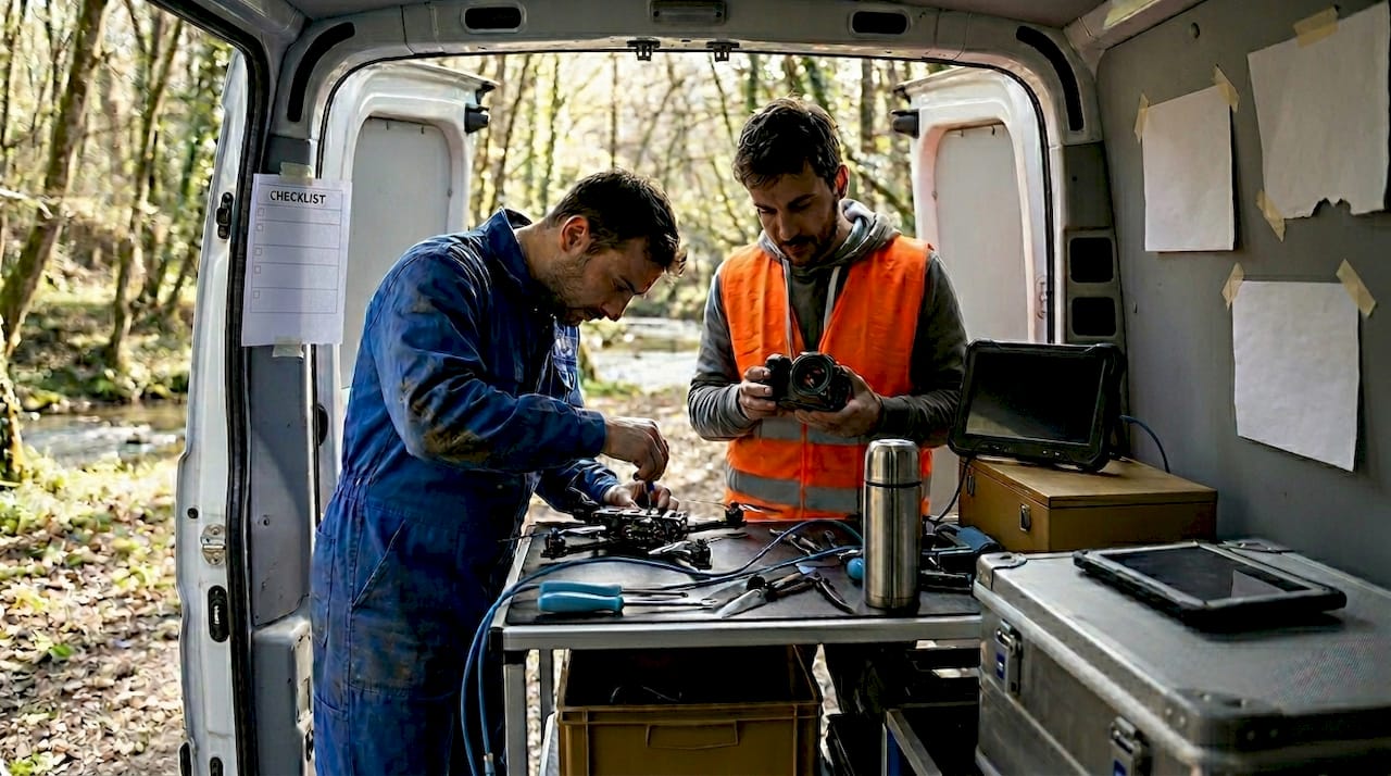 Tecnici al lavoro mentre preparano l’attrezzatura per le ispezioni con i droni