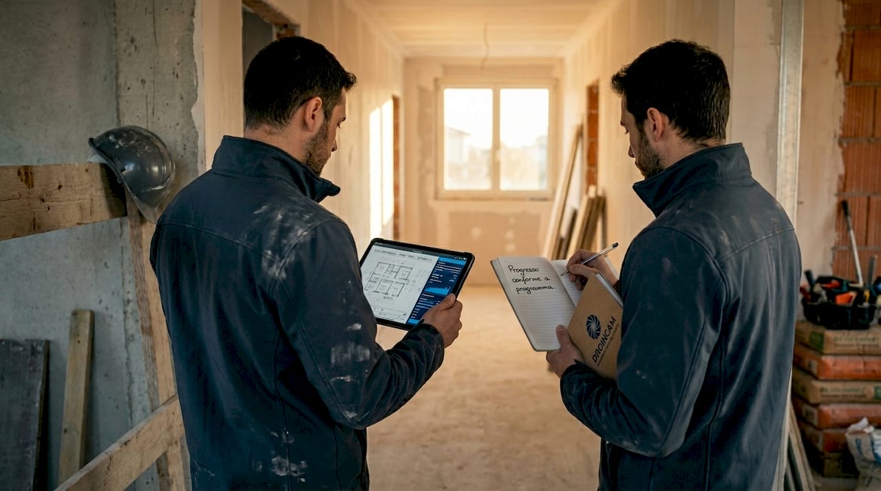 Gli addetti ai lavori supervisionano l’avanzamento del cantiere in un complesso residenziale.