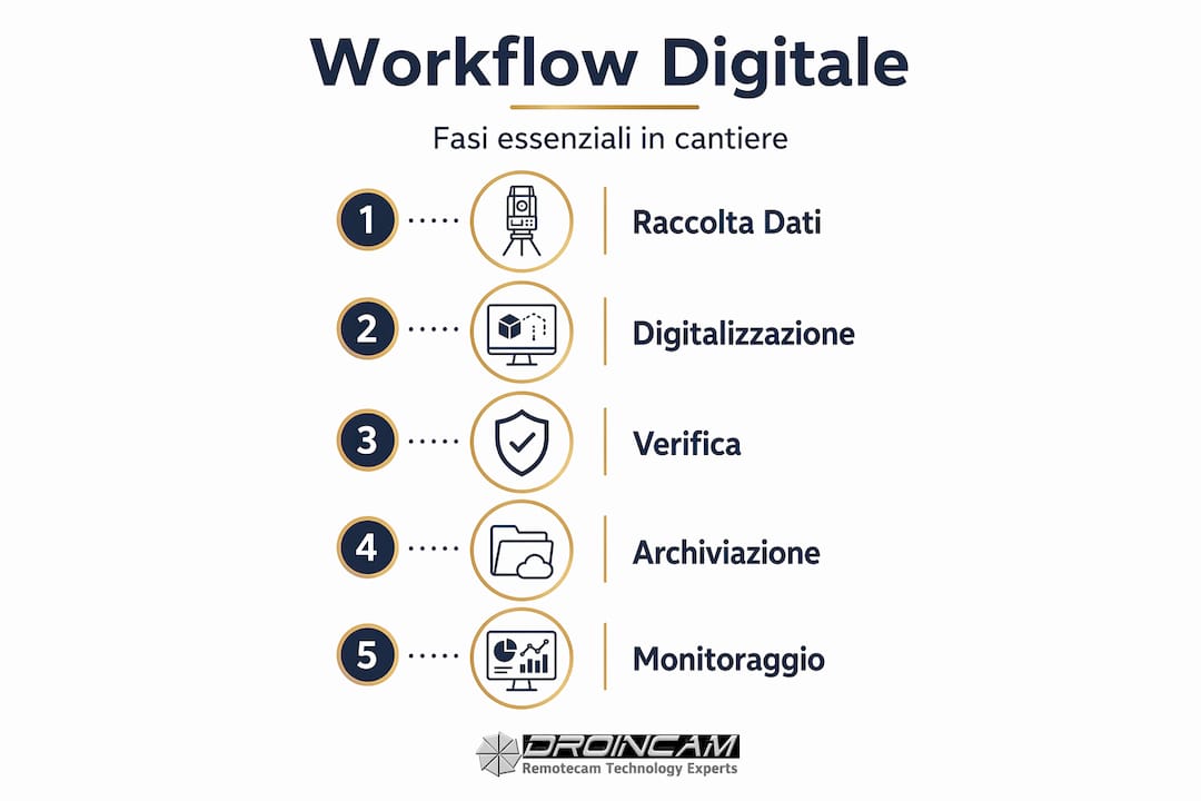 Infografica sulle principali fasi del workflow digitale in cantiere