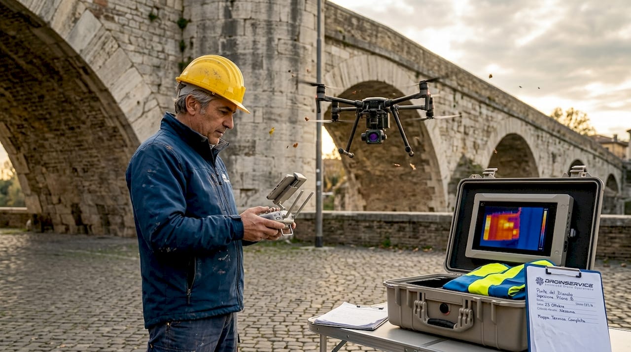 Un ingegnere controlla un drone durante un’ispezione sotto un ponte.