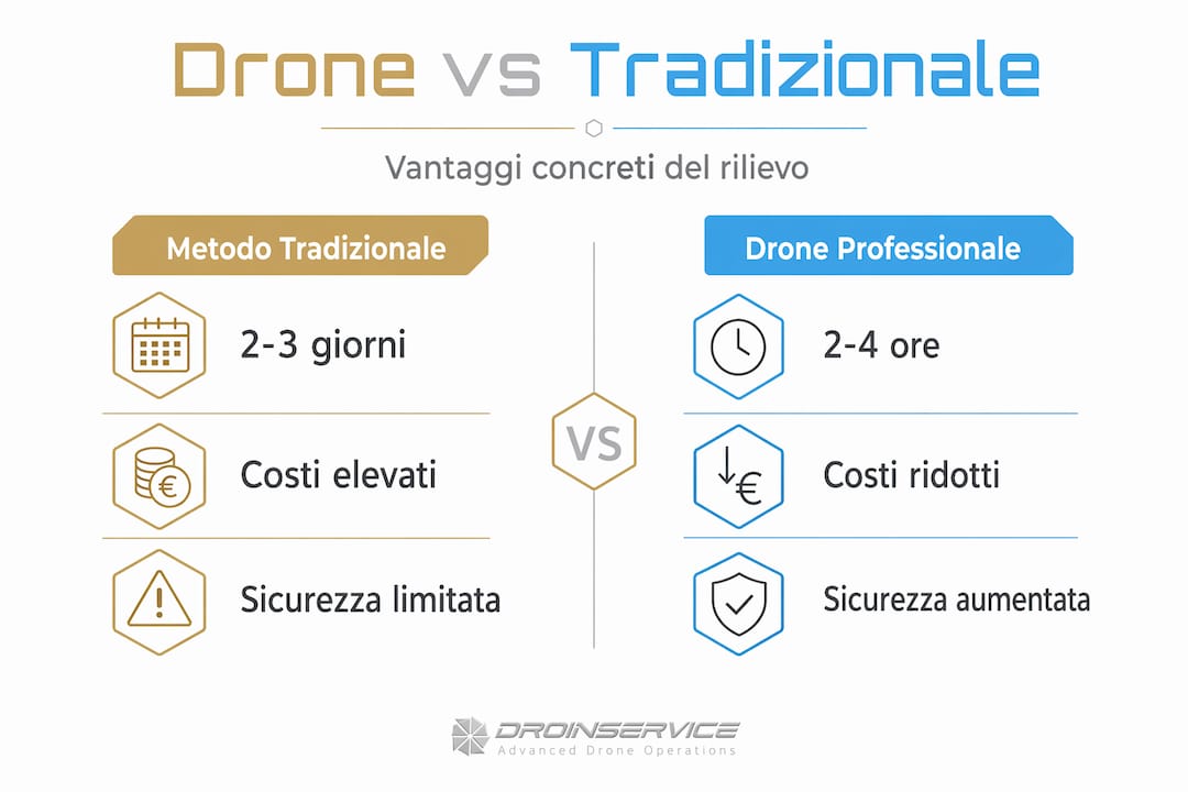 Infografica che mette a confronto l’utilizzo dei droni con i metodi tradizionali