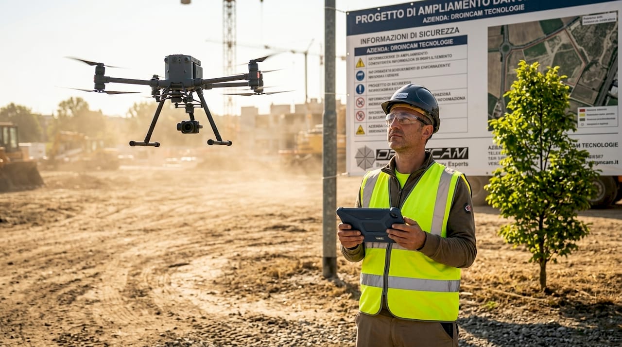 Un operaio controlla il funzionamento del drone e gestisce i dati tramite il tablet direttamente sul cantiere.
