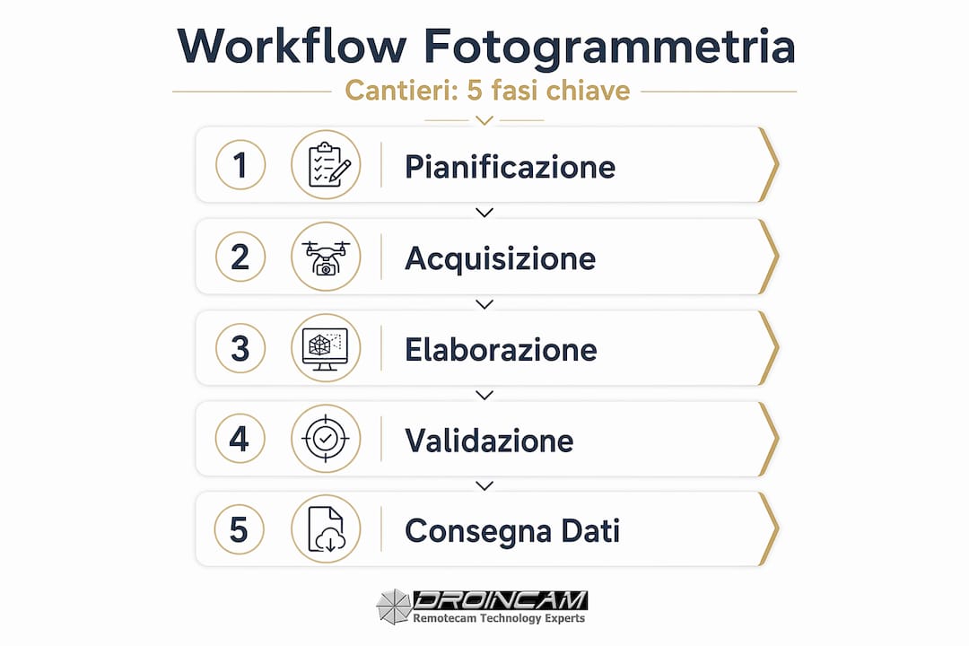 Infografica verticale sulle principali fasi del processo di fotogrammetria