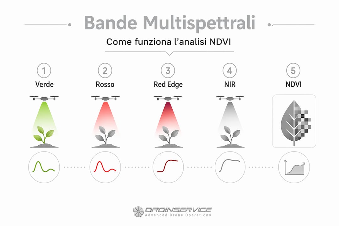 Infografica sui principali passaggi per l’analisi delle bande multispettrali e il calcolo dell’NDVI