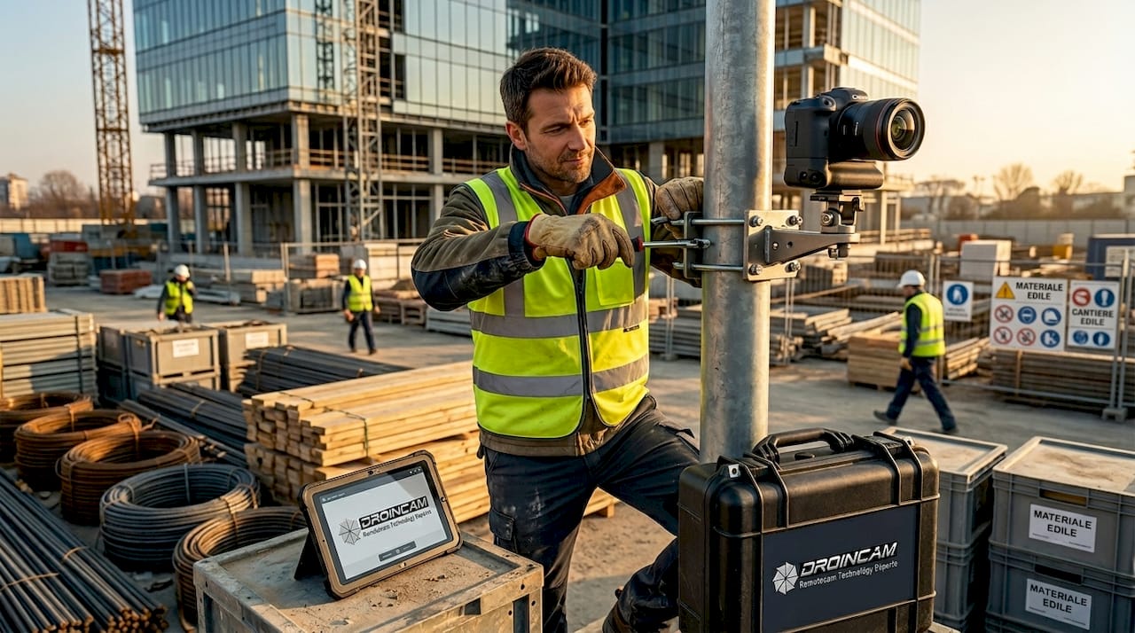 Un tecnico installa una telecamera per time-lapse all’interno del cantiere
