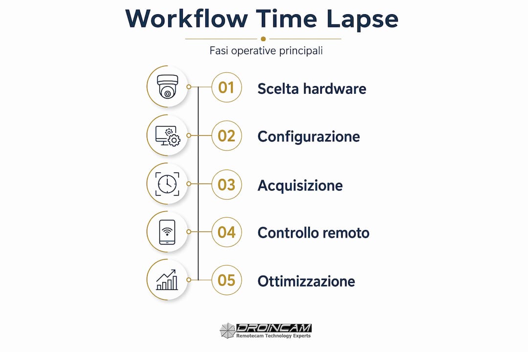 Infografica verticale che illustra le diverse fasi del workflow in modalità time lapse