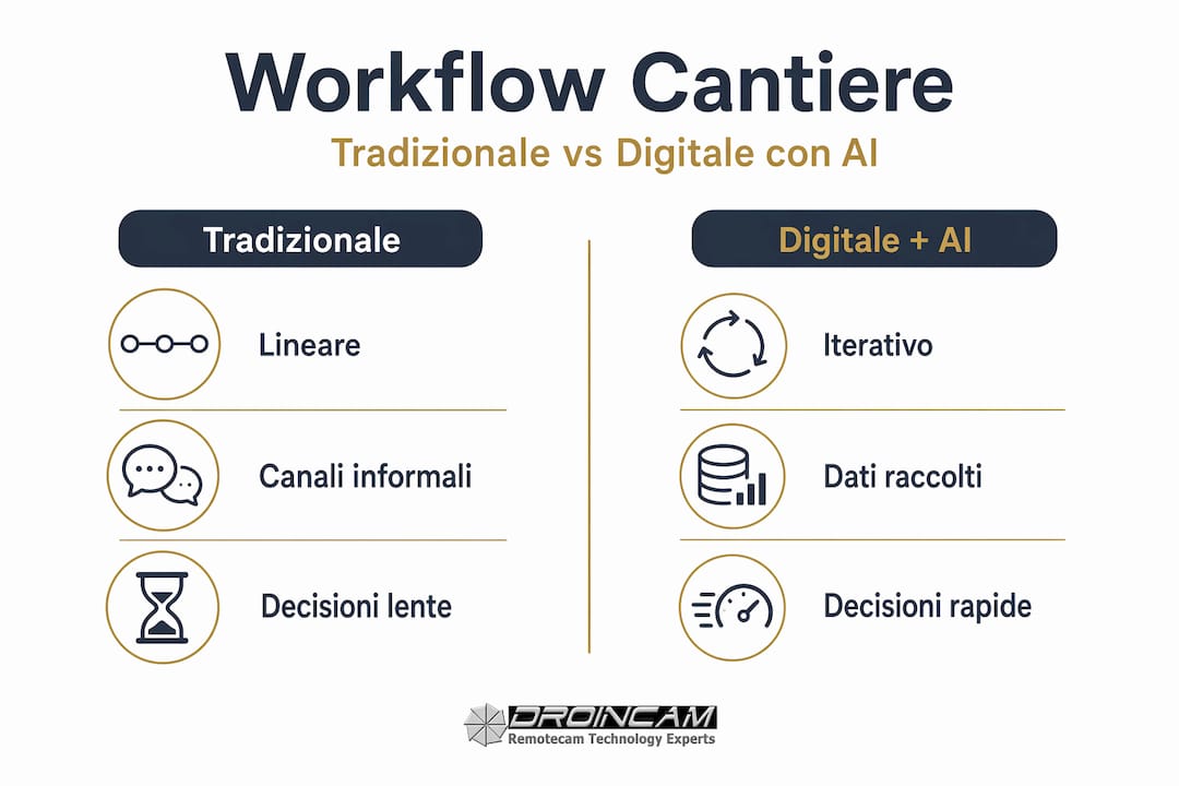 Infografica: confronto tra il flusso di lavoro tradizionale e quello digitale potenziato dall’IA