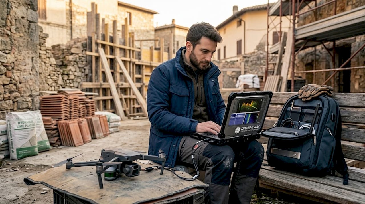 Un ingegnere esamina i dati raccolti dal drone tramite sensori LiDAR e GPR.