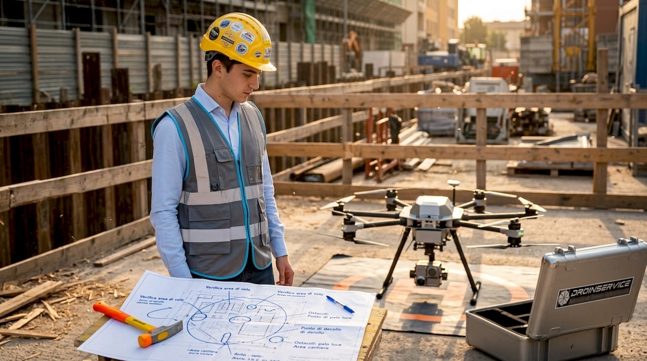 L’ingegnere esegue una valutazione dei rischi durante i rilievi effettuati con il drone.