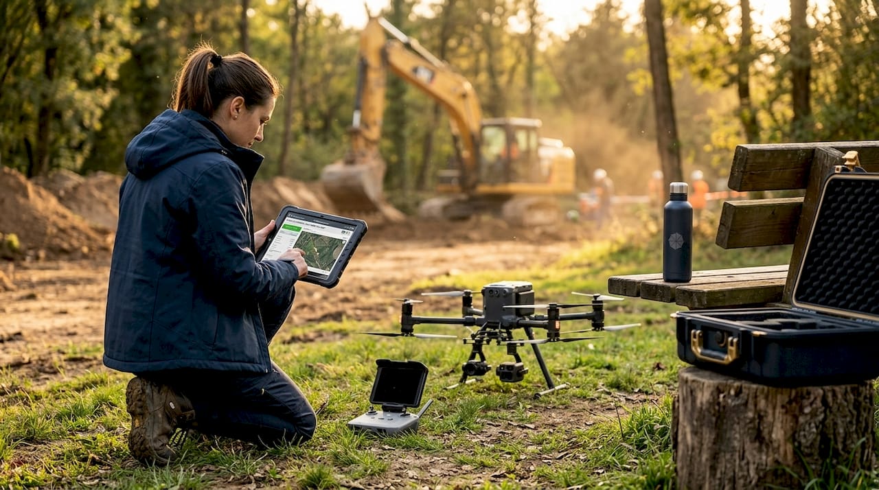Il topografo in cantiere supervisiona i rilievi utilizzando un drone.