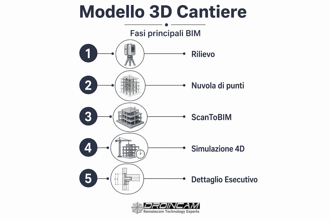 Infografica sulle principali fasi del modello 3D BIM applicato in cantiere
