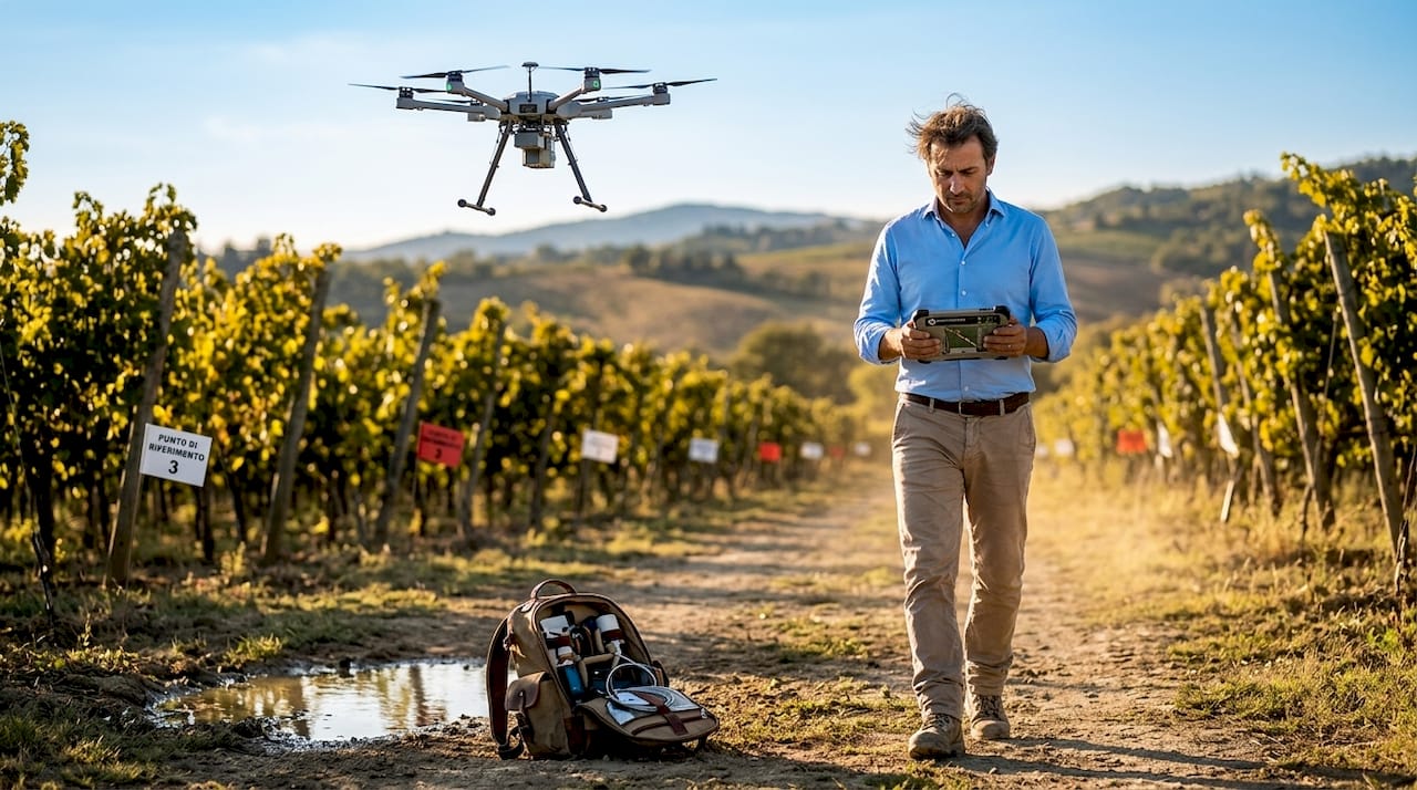 Un agronomo monitora il vigneto dall’alto grazie a un drone dotato di videocamera a 360 gradi.