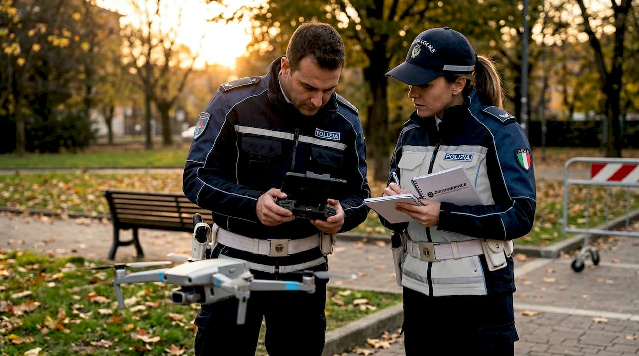 Agenti di polizia controllano un drone durante un'operazione in un parco pubblico.