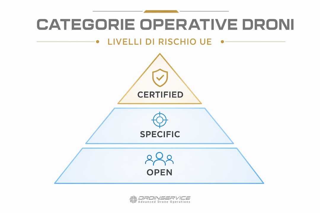 Piramide illustrativa delle categorie operative dei droni secondo la normativa UE