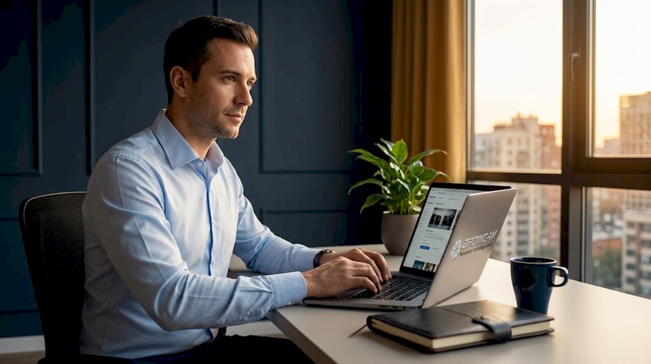 Un tecnico sistema e organizza file multimediali dal proprio laptop.