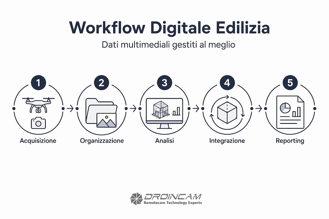 Infografica flusso gestione dati multimediali edilizia
