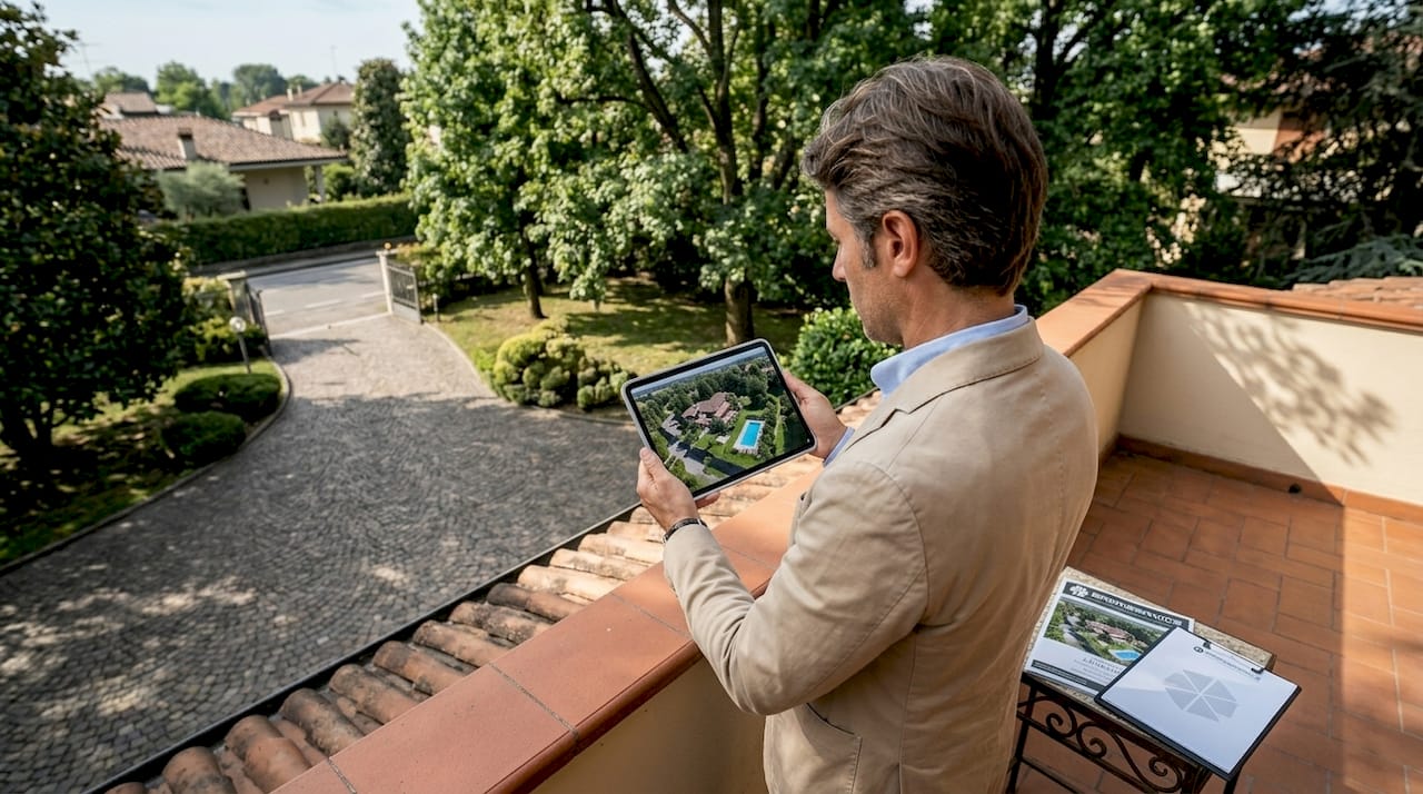 Un agente analizza le riprese del drone dal balcone di una villa.