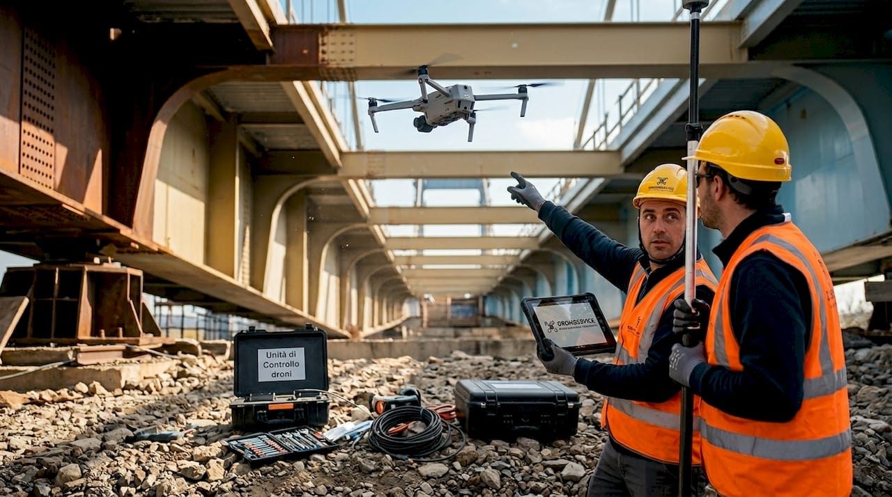 Un drone sorvola il cantiere per controllare che vengano rispettate tutte le norme di sicurezza.