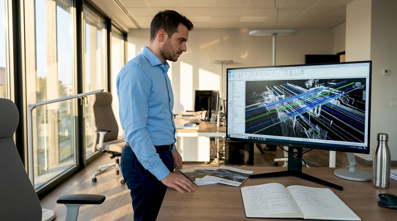Postazione di lavoro con visualizzazione del modello BIM in versione digitale avanzata
