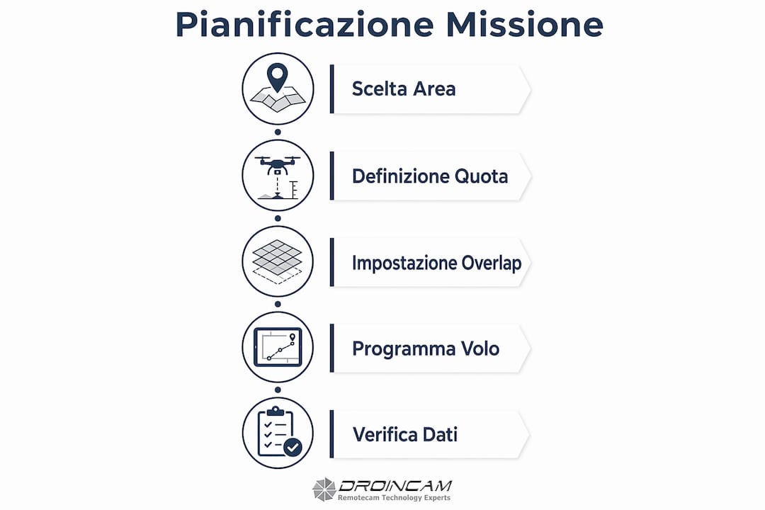 Schema illustrativo delle diverse fasi nella preparazione di una missione con drone