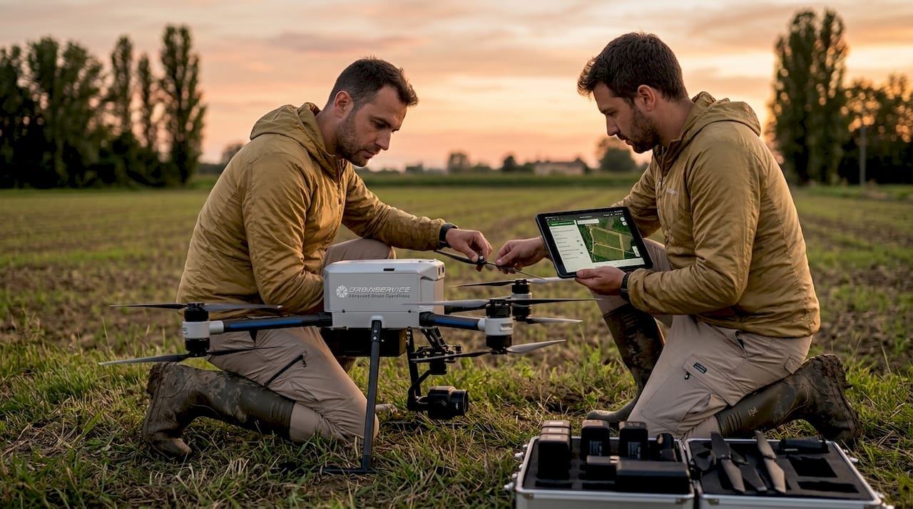 Operatore di droni alle prese con la preparazione di un volo per la realizzazione di ortofoto agricole.