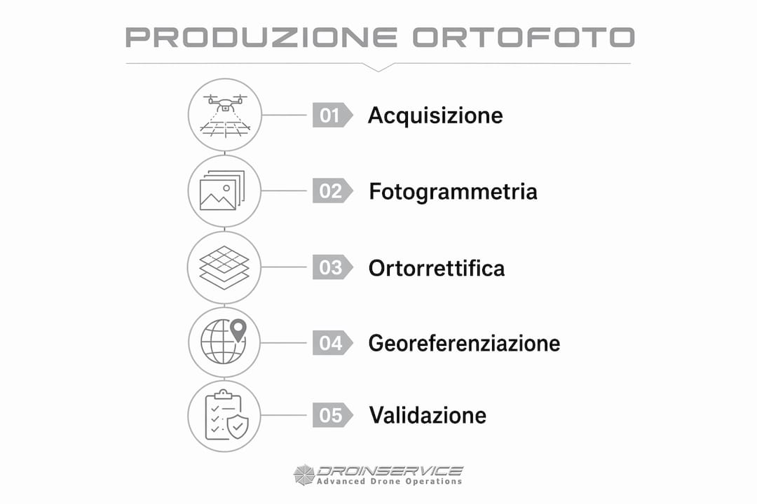 Schema illustrativo delle principali tappe nella realizzazione di un’ortofoto per l’agricoltura