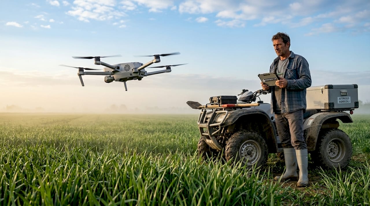 Un drone sorvola un campo coltivato mentre, poco distante, un agricoltore osserva attentamente le operazioni.