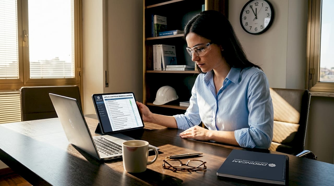 Addetto alla sicurezza che controlla una checklist digitale
