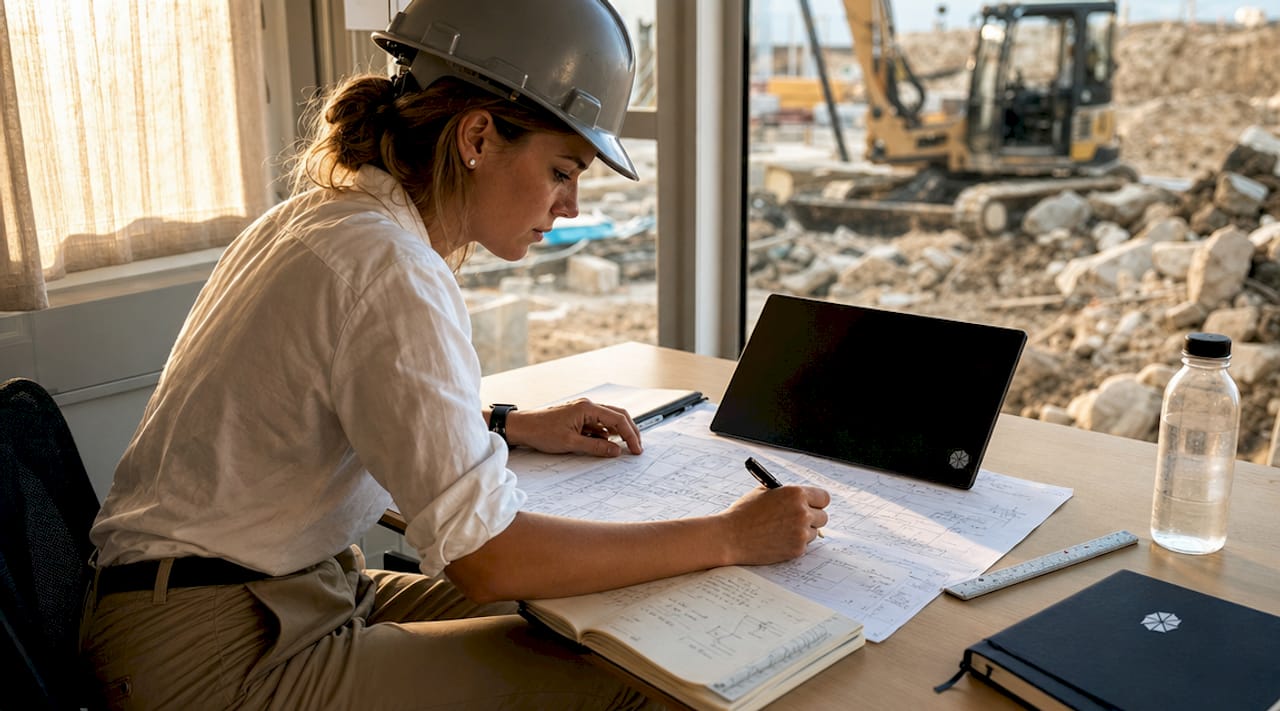 Ingegnere che analizza i progetti di costruzione nell’ufficio di cantiere