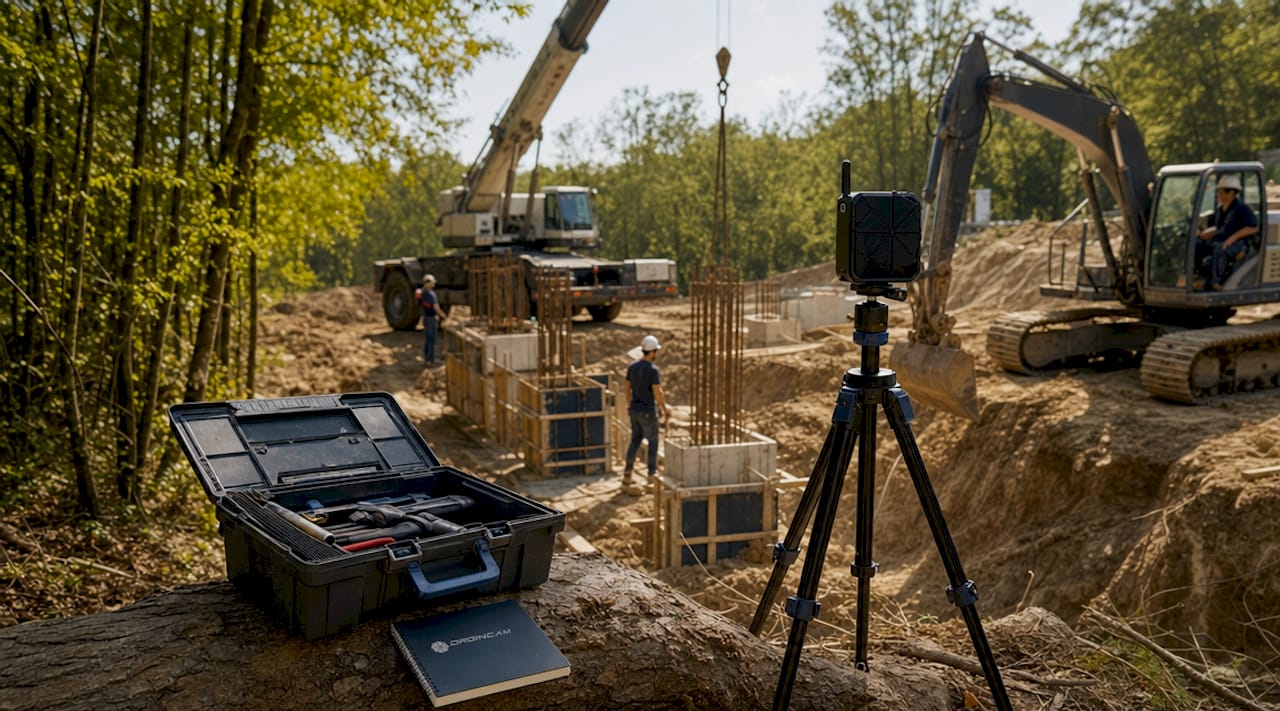 Panoramica sulle telecamere timelapse e sulle attrezzature da cantiere