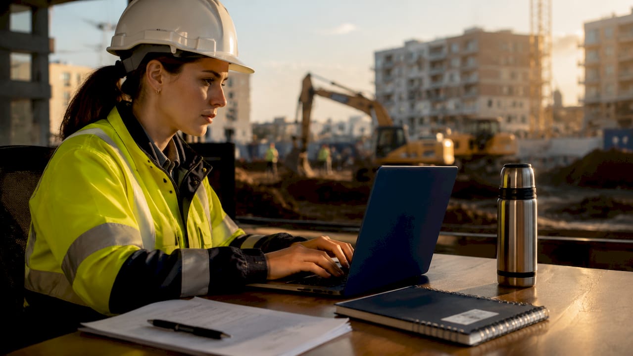 Una donna lavora al computer portatile all’interno di un ufficio tecnico in cantiere.