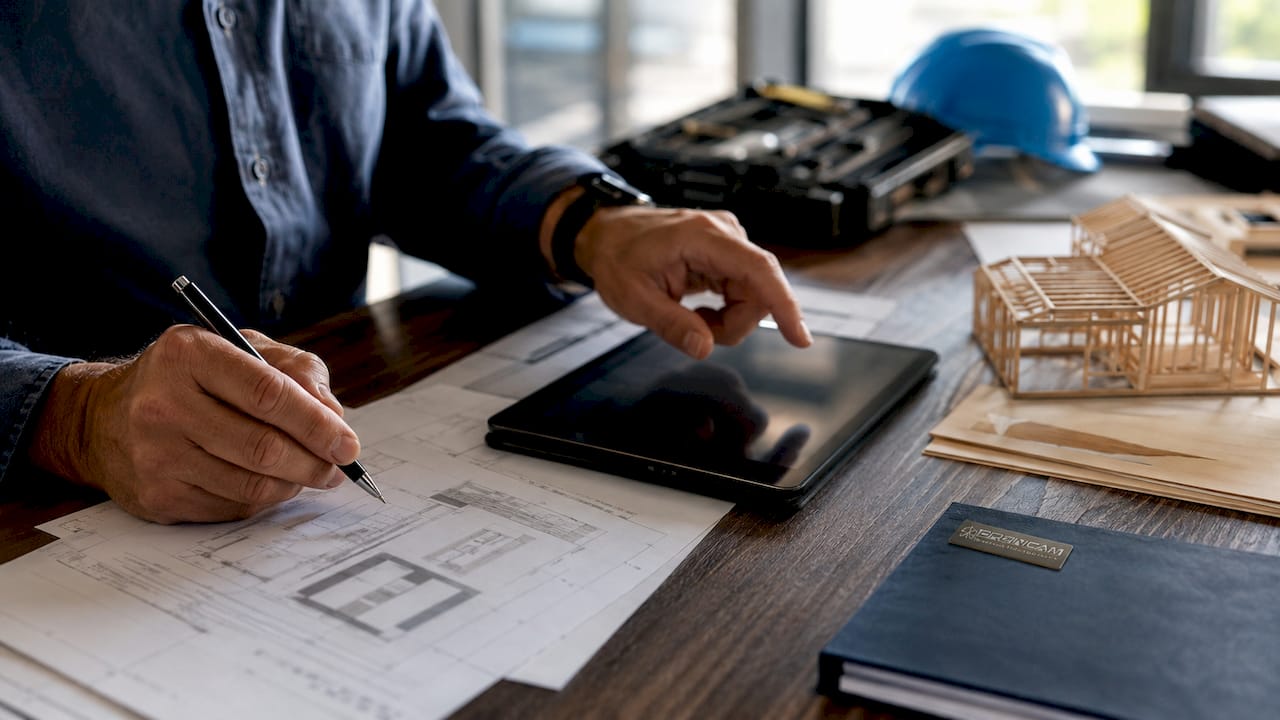 Dettaglio di mani che consultano un tablet tra i progetti del cantiere