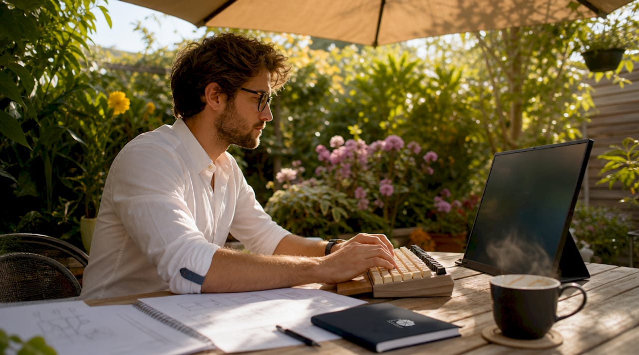 Un programmatore al lavoro, concentrato davanti al computer nel suo ufficio moderno.
