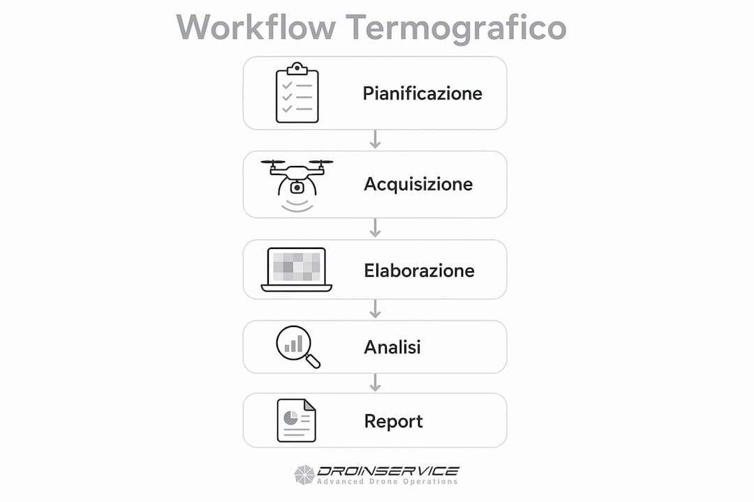 Infografica che illustra passo dopo passo il processo di termografia tramite droni