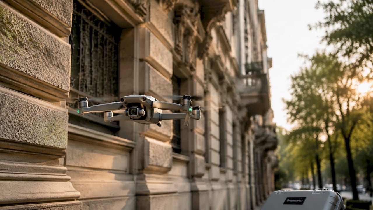 Un drone effettua un’accurata ispezione ravvicinata della facciata di un edificio storico.