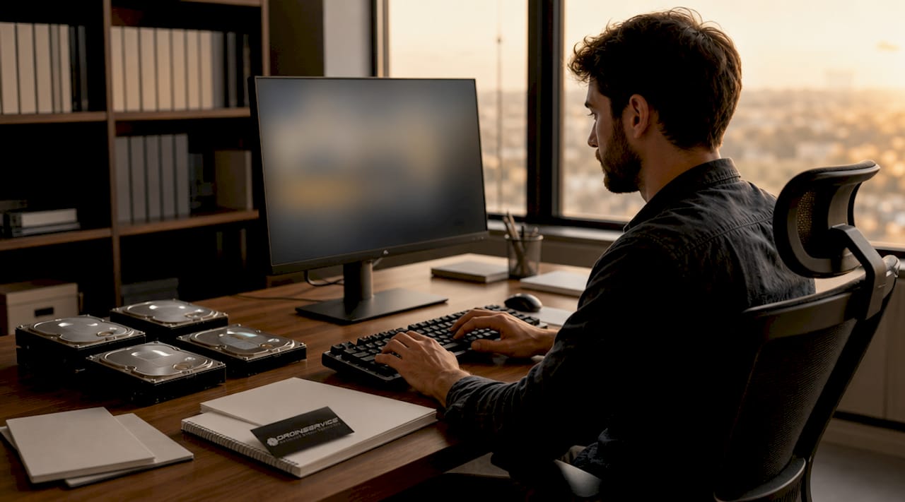 Un tecnico informatico al lavoro sulla tastiera, circondato dai server nella sala dati.