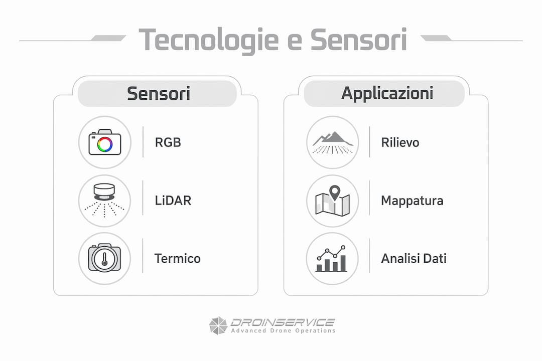 Infografica sulle tecnologie e gli utilizzi dei droni