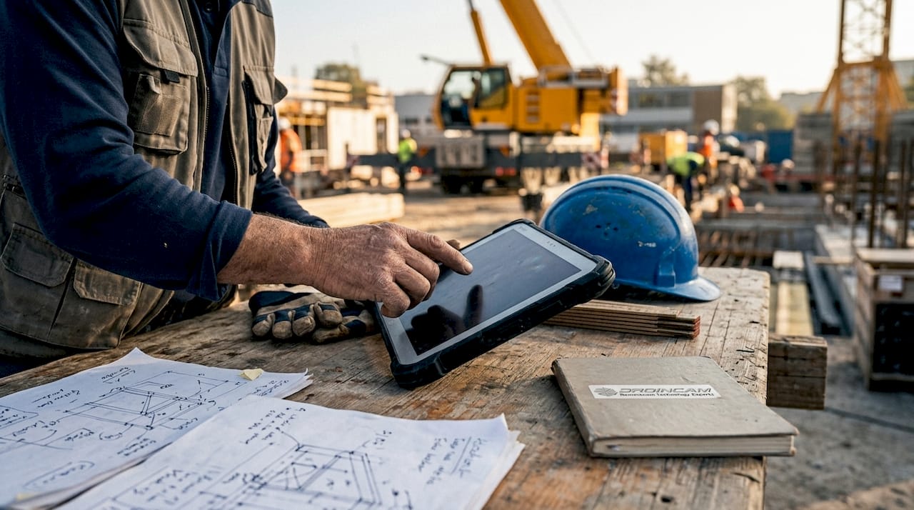 Dettaglio delle mani che consultano un tablet e dei progetti edili sul tavolo