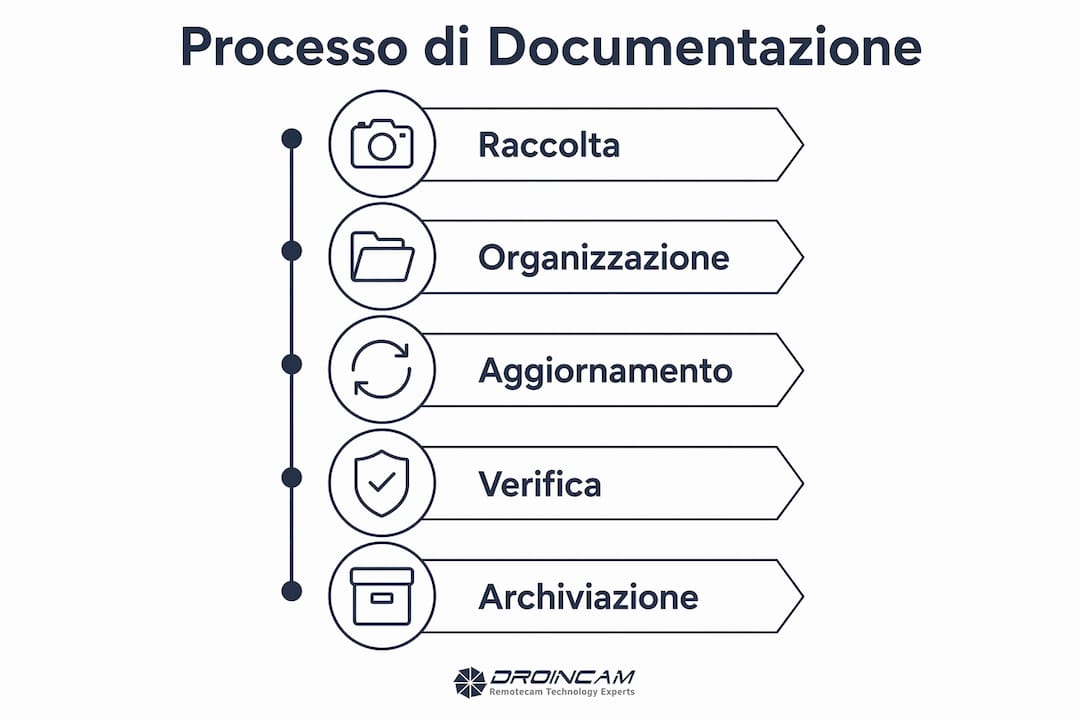 Infografica che illustra le cinque tappe fondamentali del processo di documentazione