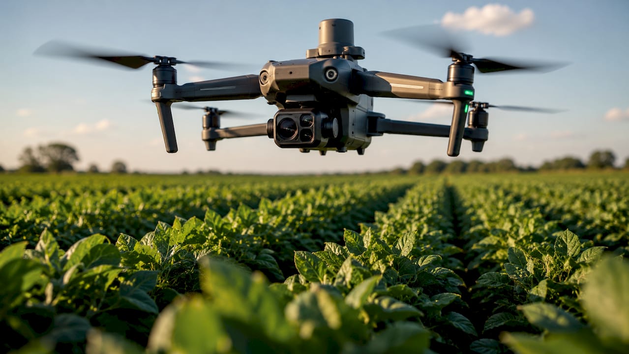 Un drone sorvola i campi agricoli equipaggiato con una termocamera per monitorare lo stato delle coltivazioni.