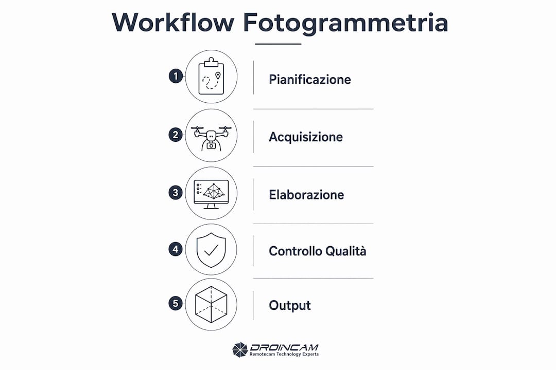 Infografica: le 5 fasi chiave del workflow fotogrammetrico con drone
