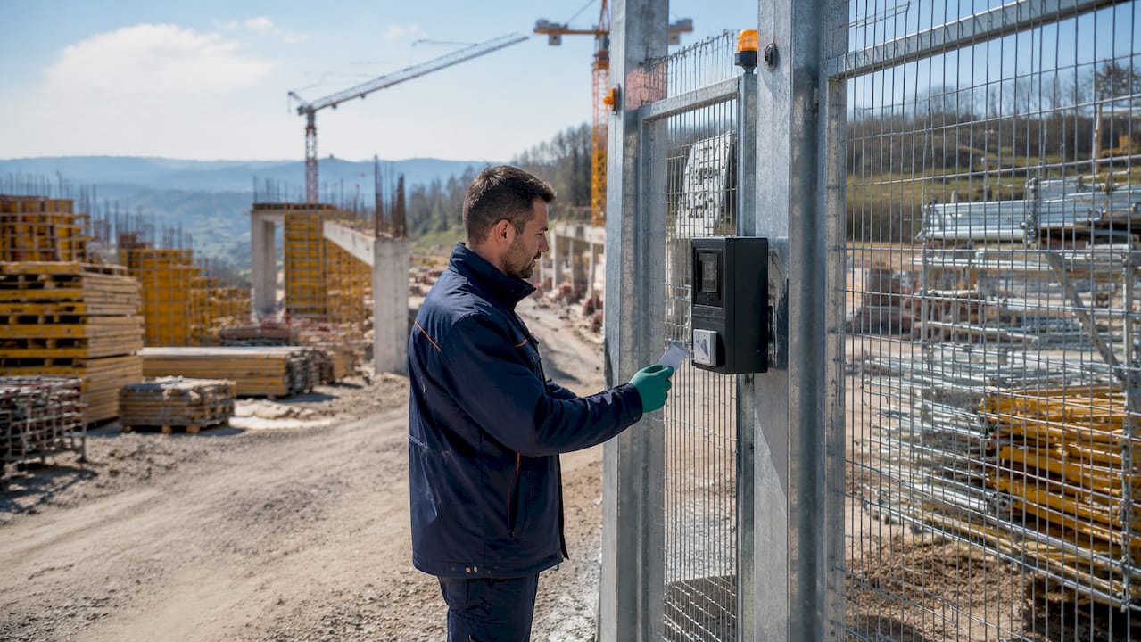 Una mano che mostra un badge digitale all’ingresso di un cantiere, mentre il sole tramonta sullo sfondo.