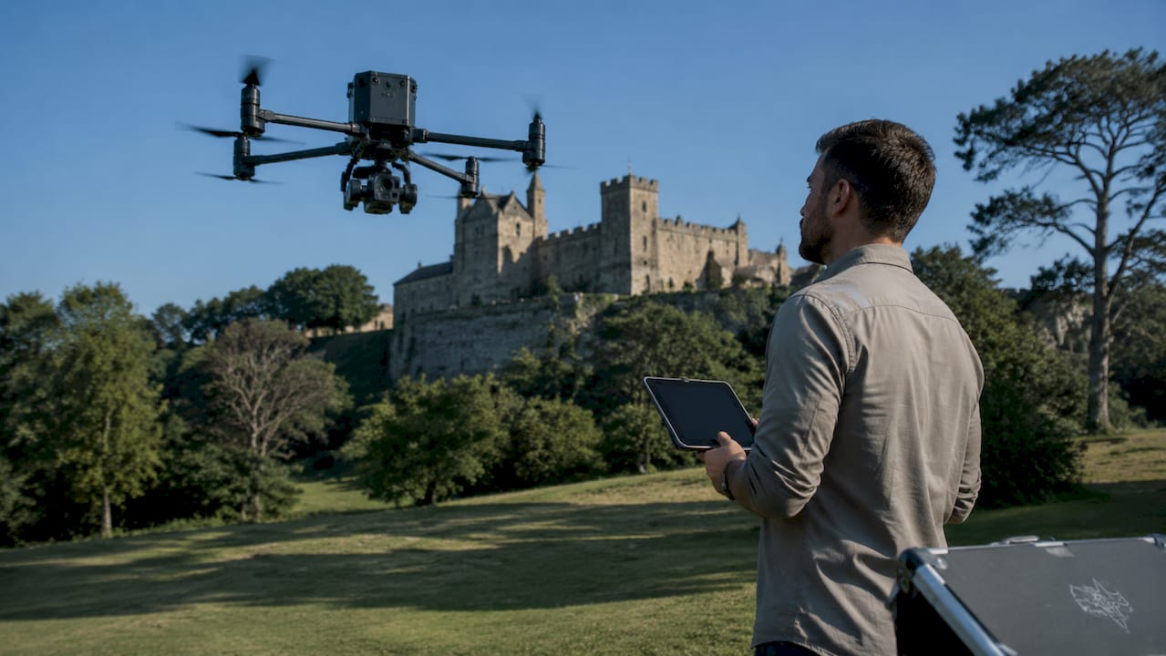 Un drone sorvola un edificio storico per realizzare un rilievo tridimensionale.