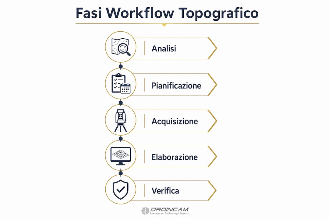 Infografica che illustra le principali fasi operative di un rilievo topografico