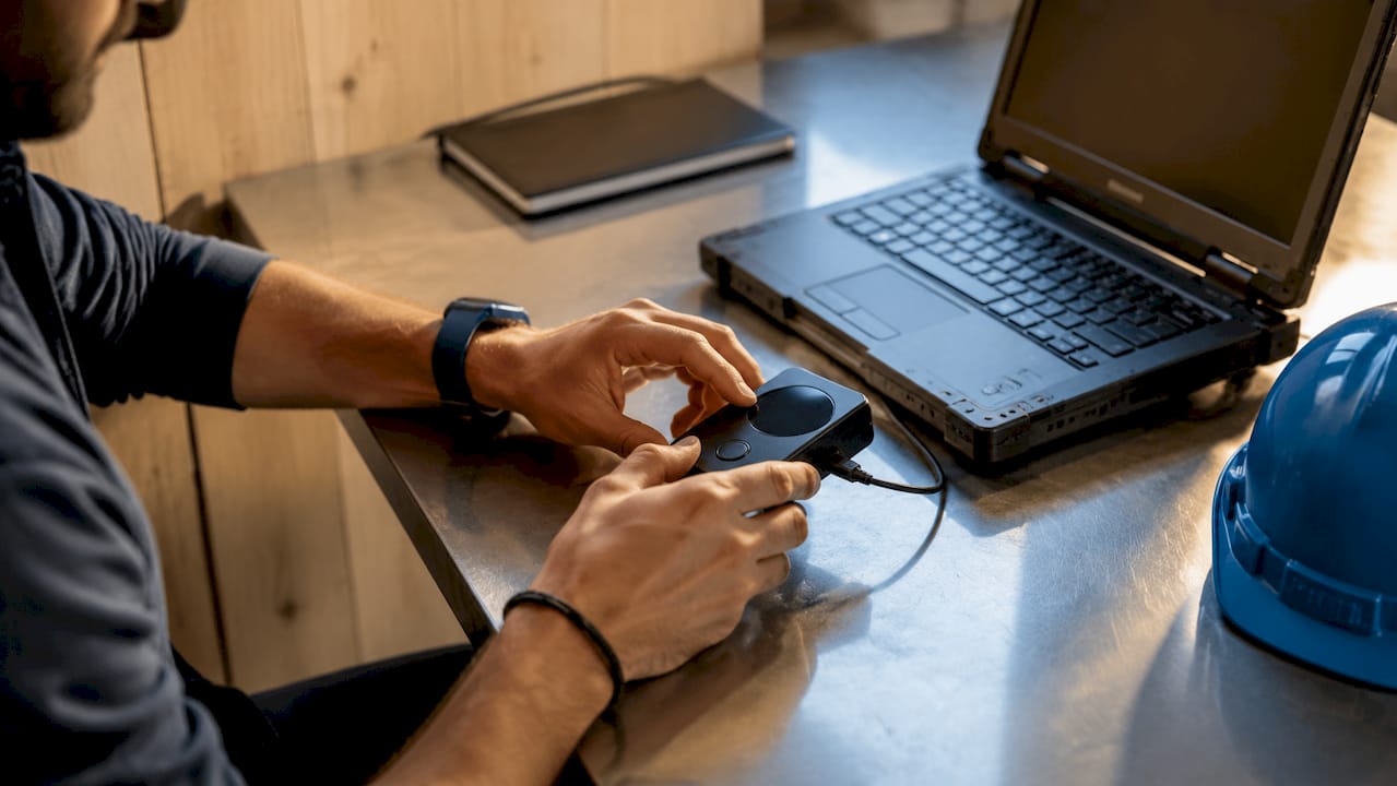 Tecnico impegnato nell’installazione di un dispositivo MFA su un cantiere
