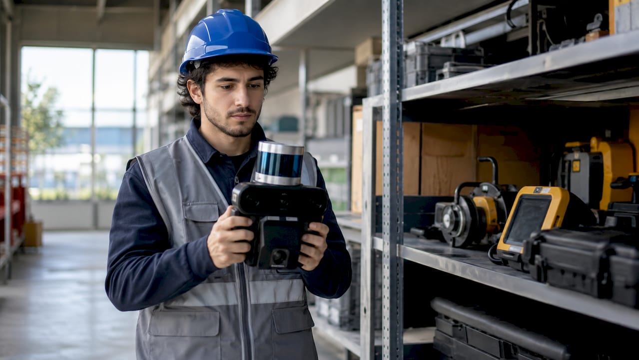 Tecnico che utilizza uno scanner SLAM portatile durante rilievi all’interno di un cantiere edile